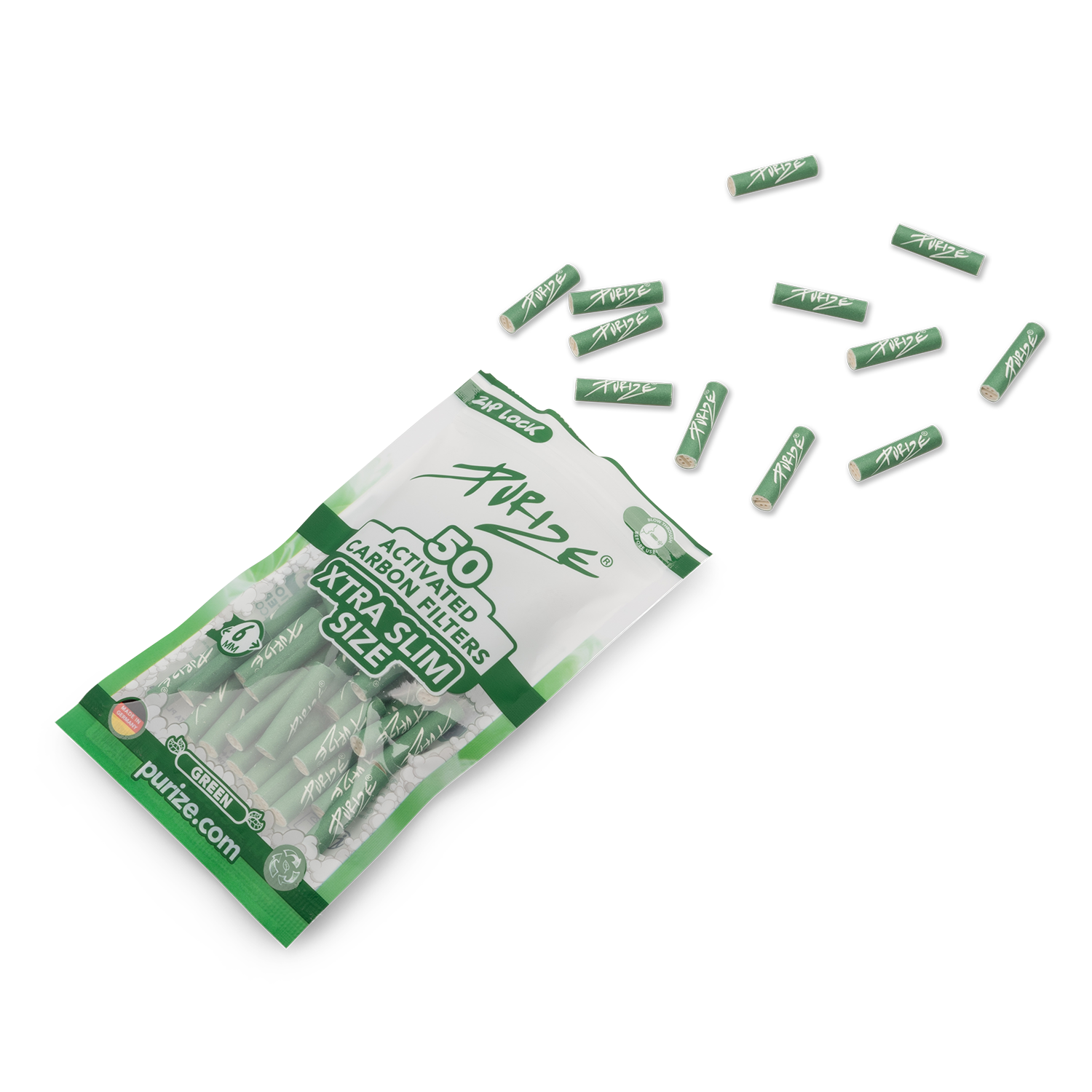 PURIZE Xtra Slim Aktivkohlefilter 6 mm Grün – 50 Stück – Bild 2