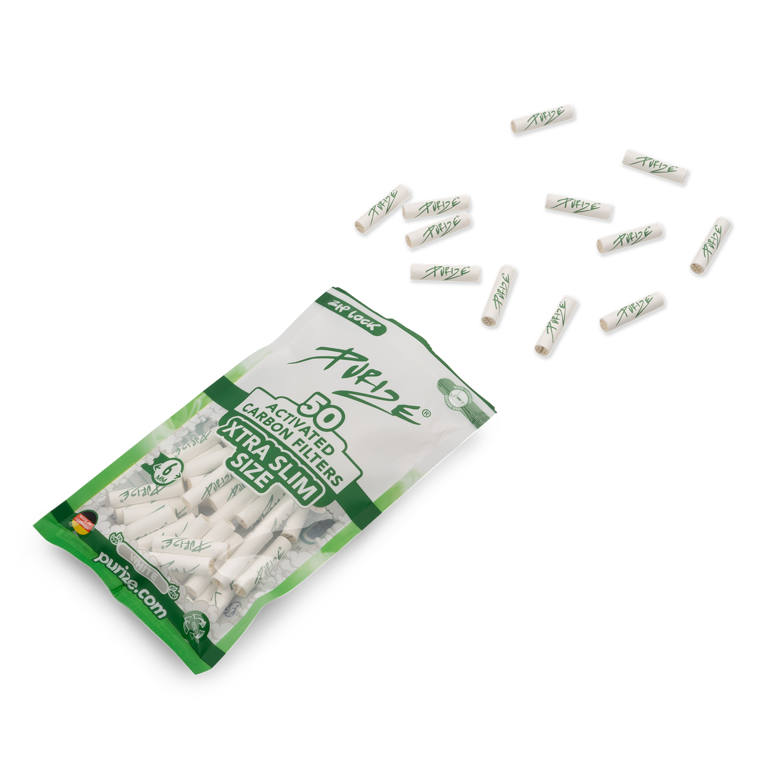PURIZE Xtra Slim Aktivkohlefilter 6 mm Weiß, 50 Stück – Bild 2