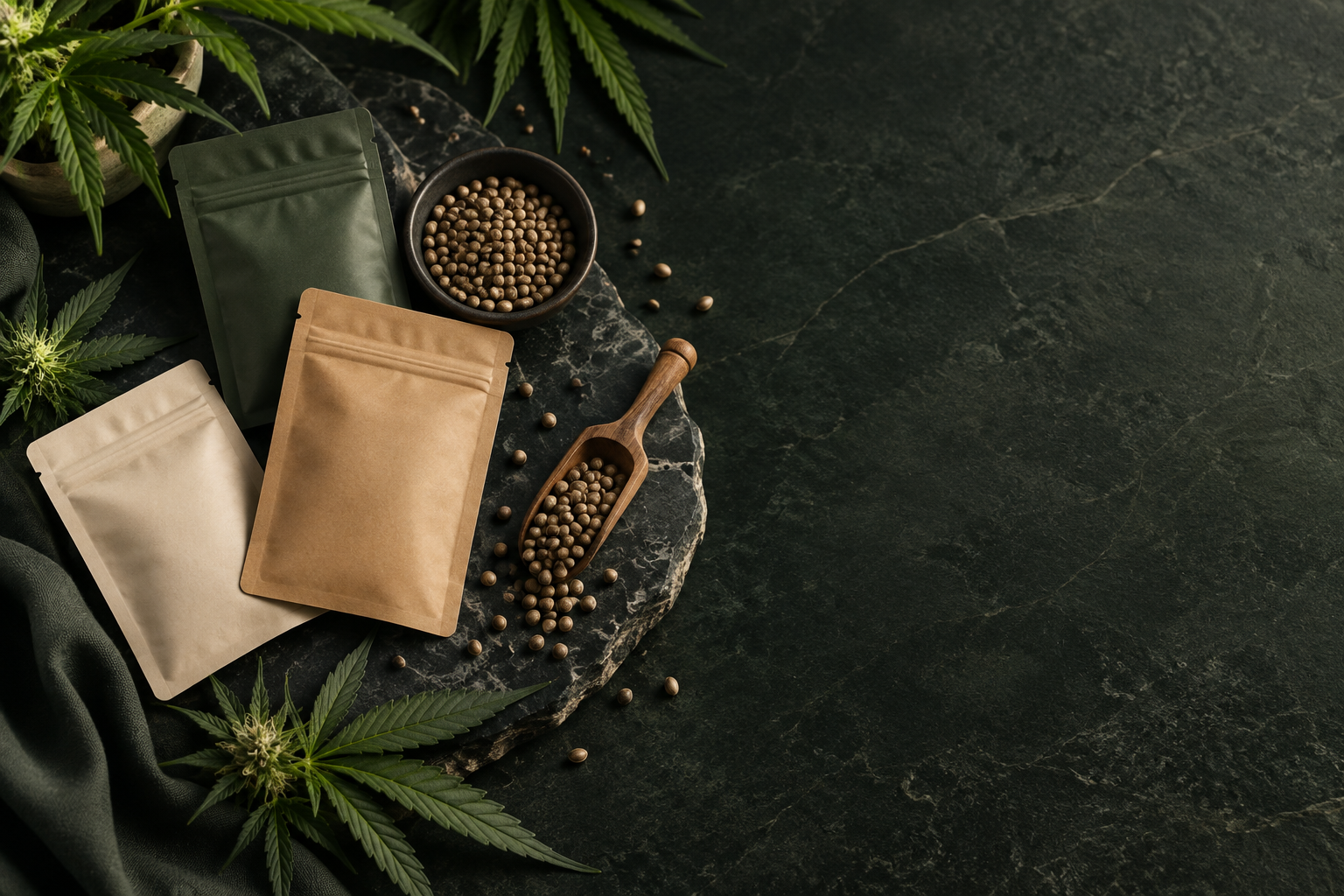 Cannabissamen und Hanfsamen in hochwertiger Sortiment-Inszenierung