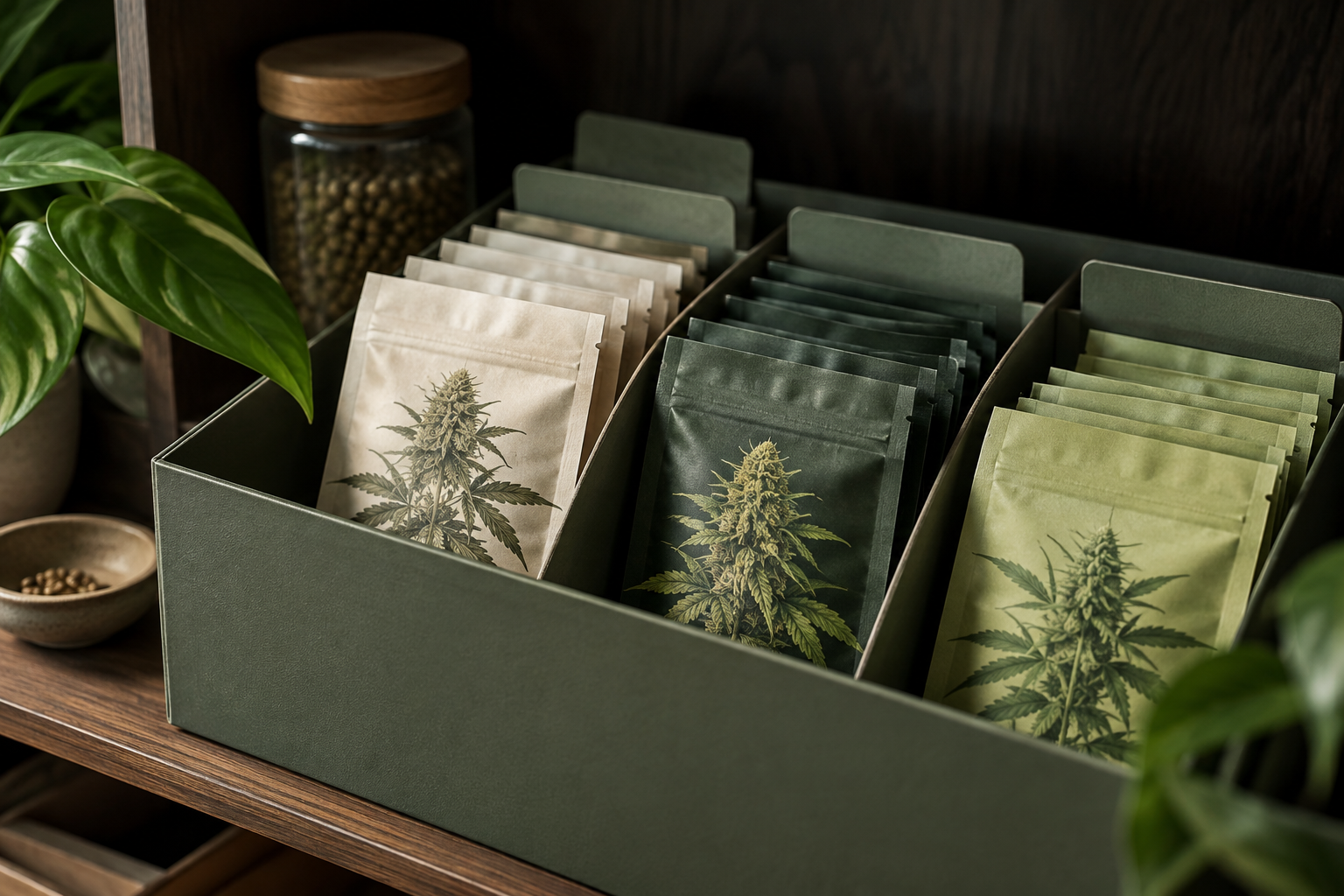 Geordnete Cannabis-Samenpackungen in einer trockenen Aufbewahrungsbox