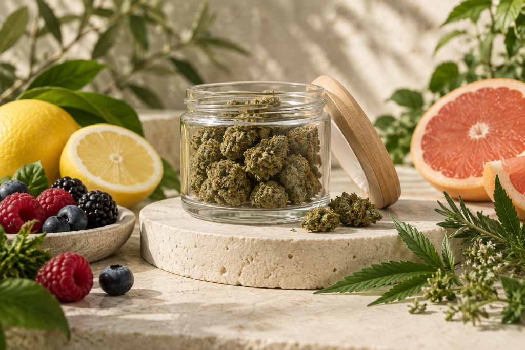 CBD Blüten mit Zitrus-, Beeren- und Kräuteraromen als Aromafamilien