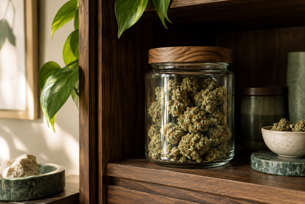 CBD Blüten dunkel in einem dicht schließenden Glas lagern