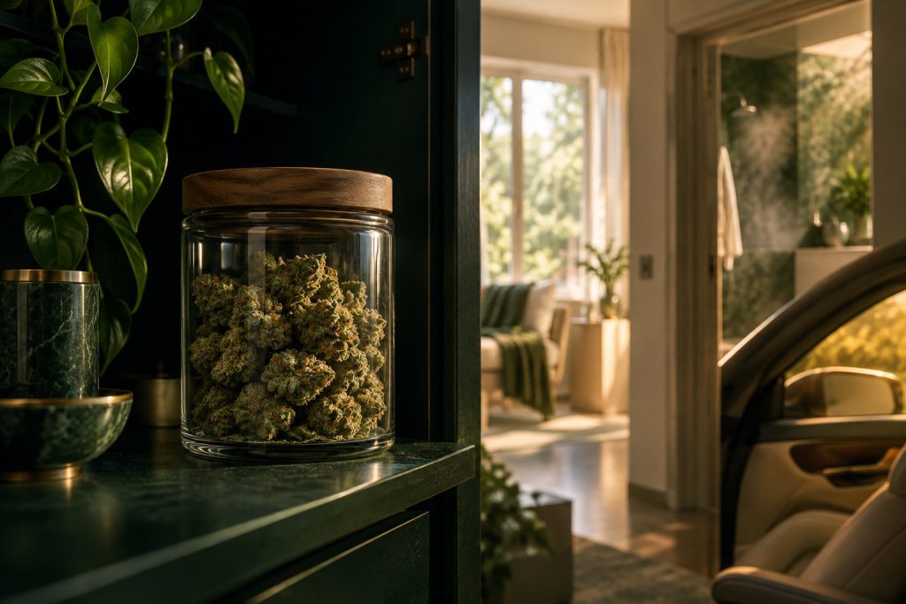 CBD Blüten im dunklen Schrank statt an Fenster, im Bad oder im Auto
