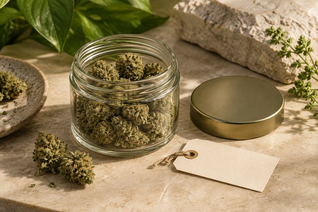 CBD Blüten kontrollieren und Lagerbehälter beschriften