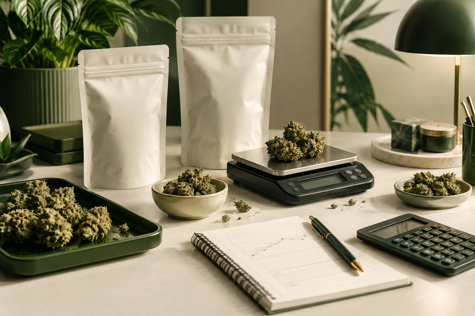 CBD Blüten mit Waage und Taschenrechner für den Preis pro Gramm
