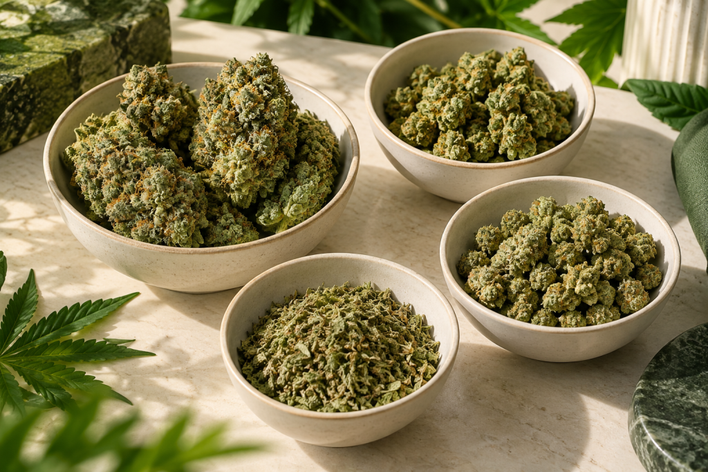CBD Blütenformate von großen Buds bis Trim im Vergleich