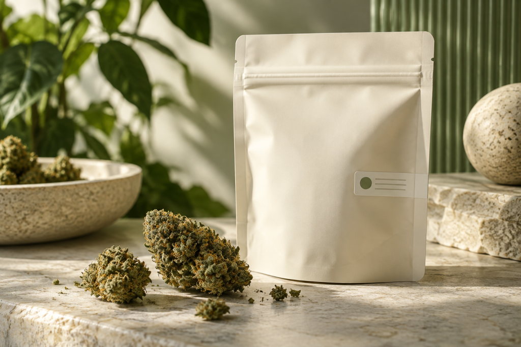 Versiegelte CBD-Blüten-Verpackung mit Charge und naturbelassenen Blüten
