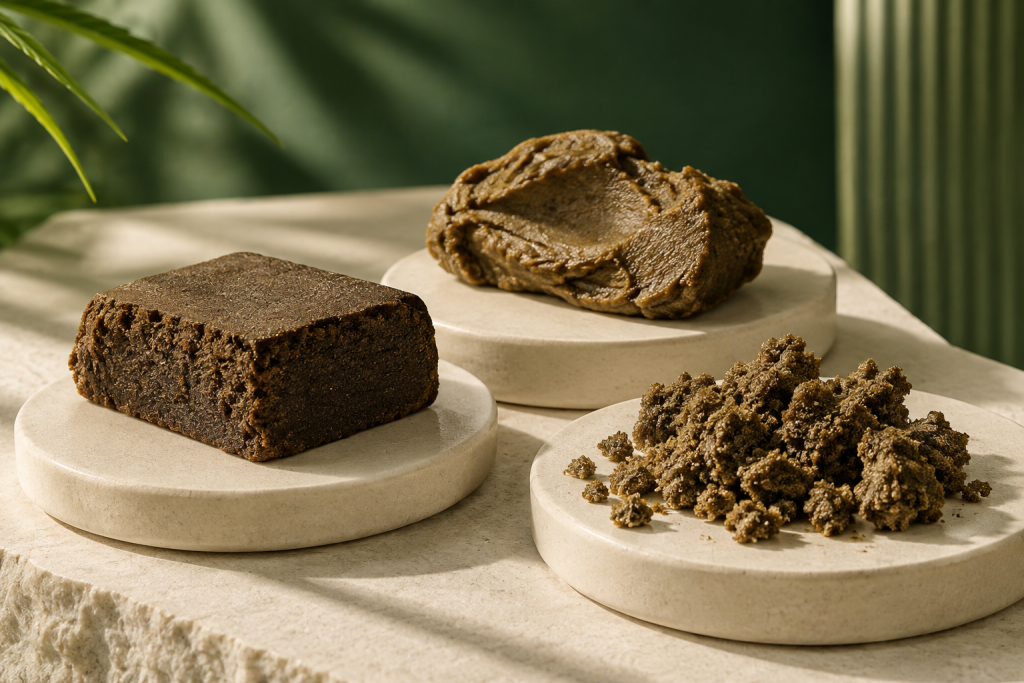 Unterschiedliche Konsistenzen von CBD Hash: fest, formbar und krümelig