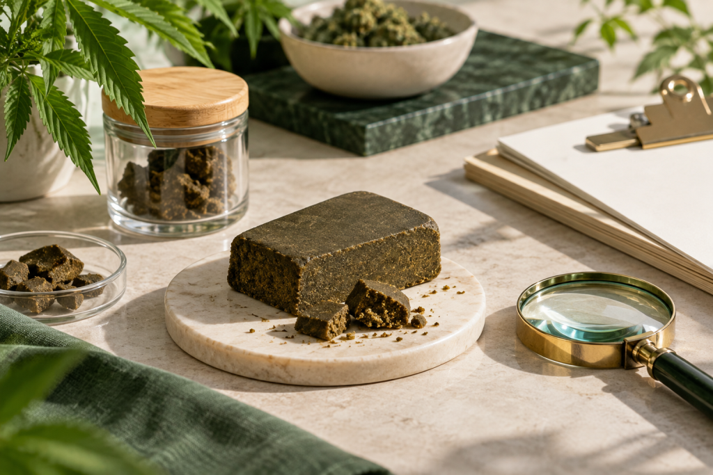 Strukturierte Qualitätsprüfung von CBD Hash mit Dokumenten und neutralem Behälter