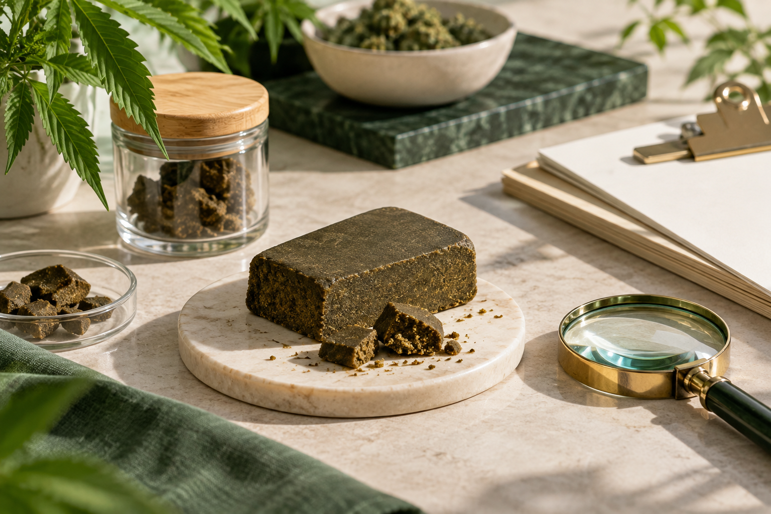 Strukturierte Qualitätsprüfung von CBD Hash mit Dokumenten und neutralem Behälter