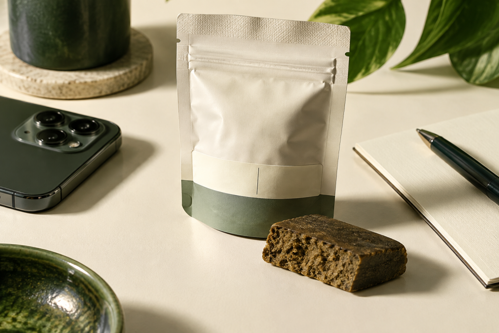 Ungeöffnete CBD-Hash-Einheit mit Fokus auf Verpackung und Charge