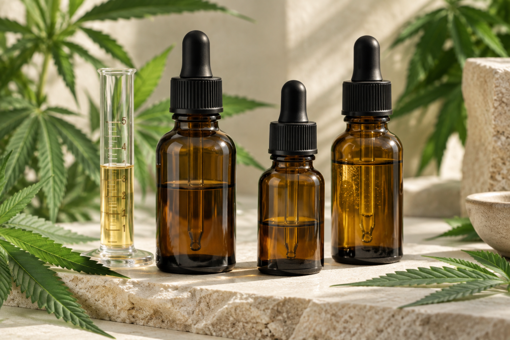 CBD Ölflaschen mit Pipetten und Milliliter-Vergleich