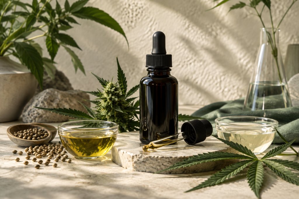 CBD Öl Rezeptur mit Trägerölen und Pipette