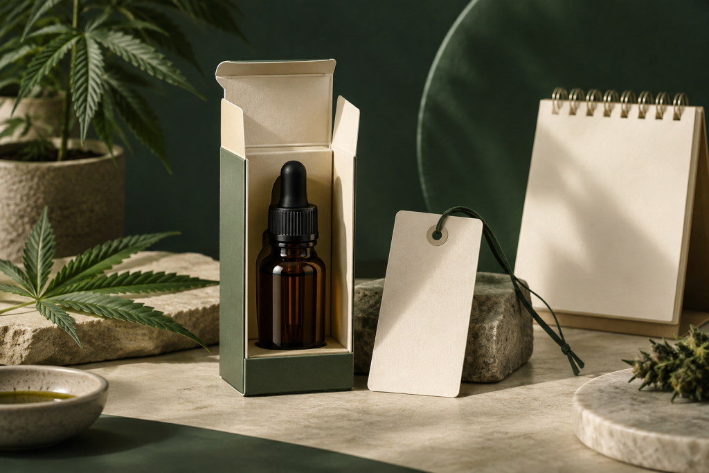 CBD Ölflasche mit Fokus auf Charge, Haltbarkeit und Lichtschutz