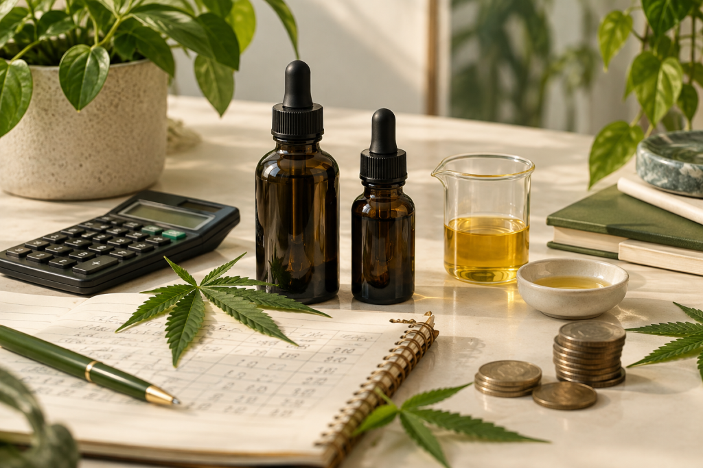 Preisvergleich von CBD Öl mit Taschenrechner und Flaschen