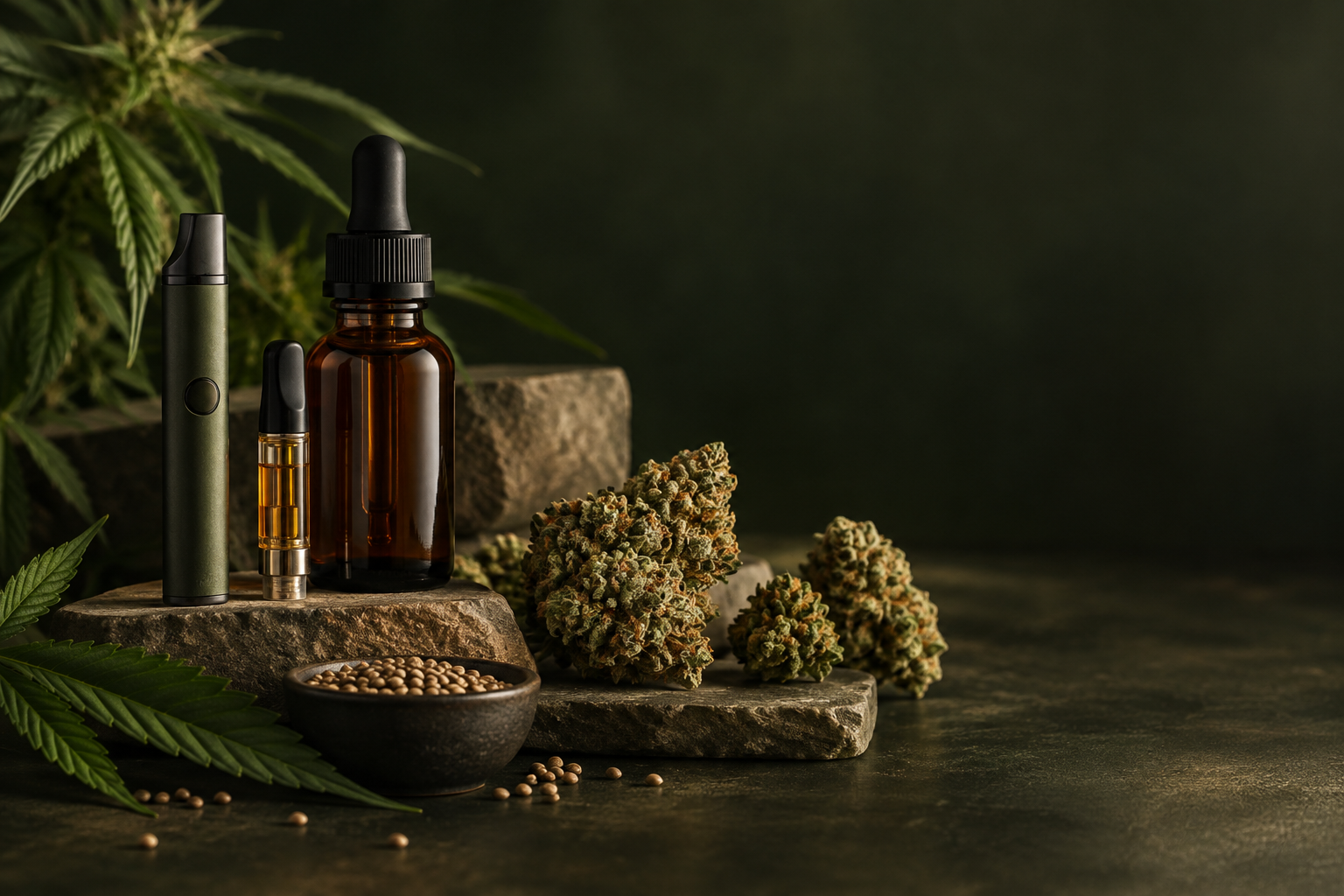 CBD Produkte mit Blüten, Öl, Vape und Kartusche in hochwertiger Shop-Komposition