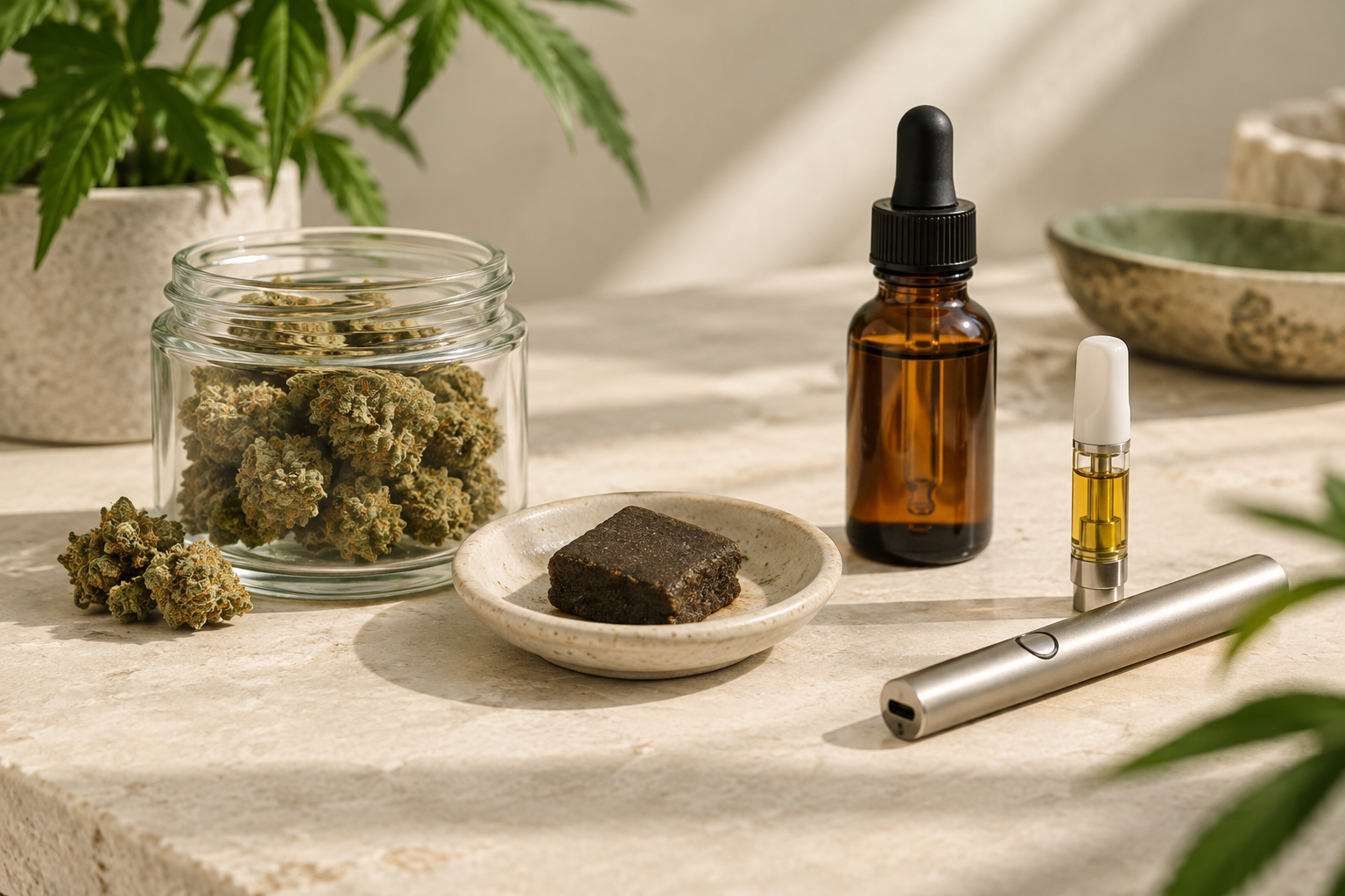Vier unterschiedliche CBD Produktformen auf einem neutralen Tisch