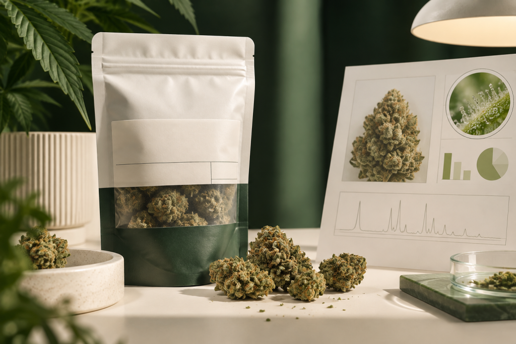 CBN Blüten mit Verpackung, Charge und sichtbarem Blütenformat