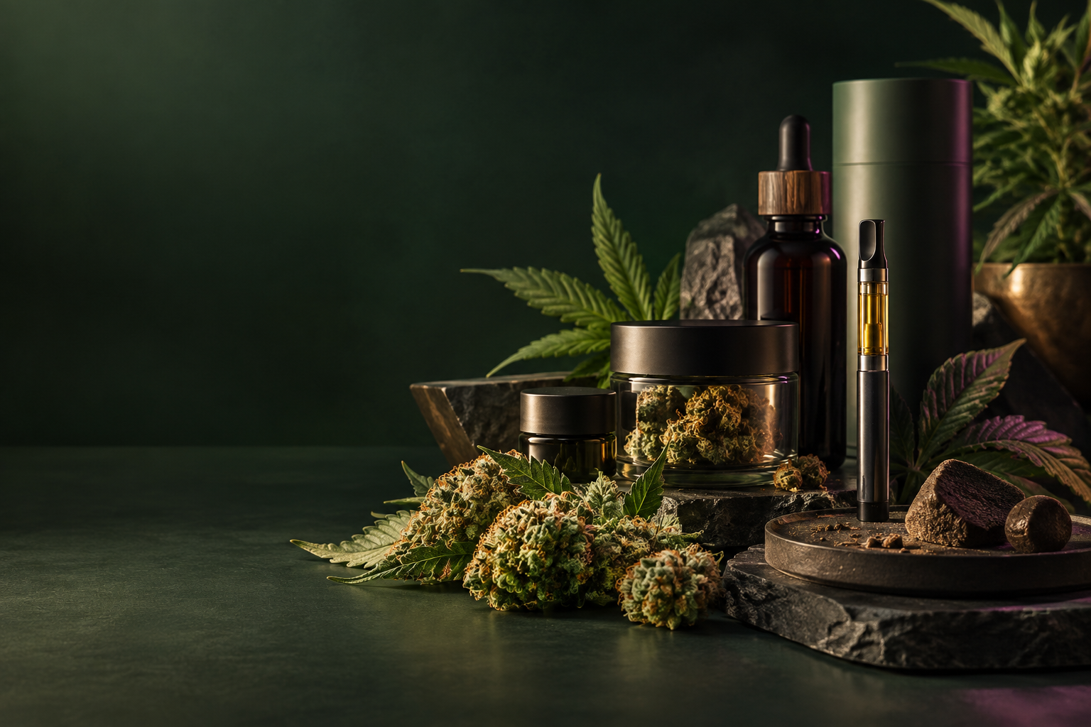 CBN Produkte mit Blüten, Kartusche und Hasch in hochwertiger Studio-Inszenierung