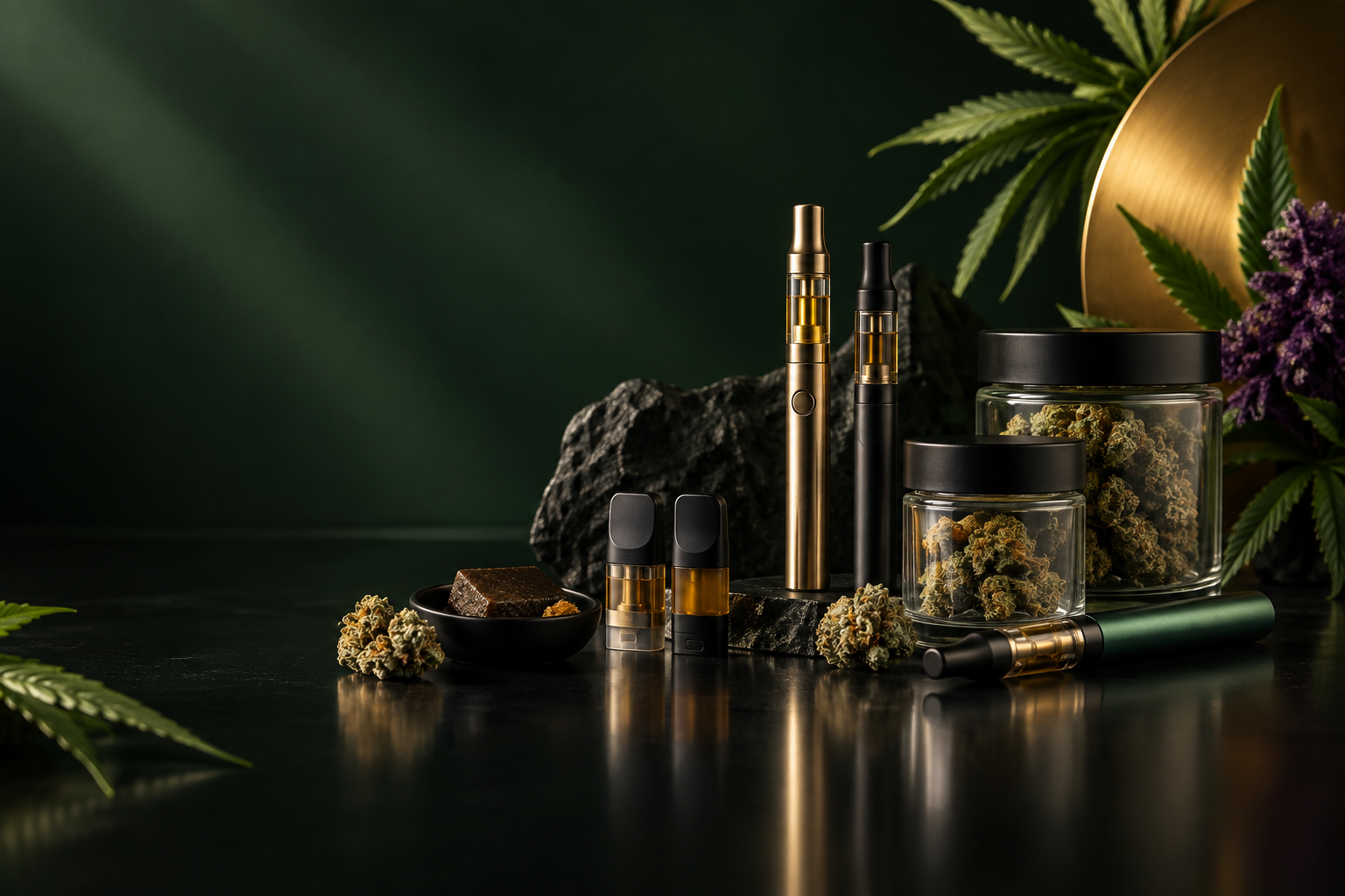 H3 Superior Auswahl mit Vapes, Blüten und Hash in hochwertiger Studio-Optik
