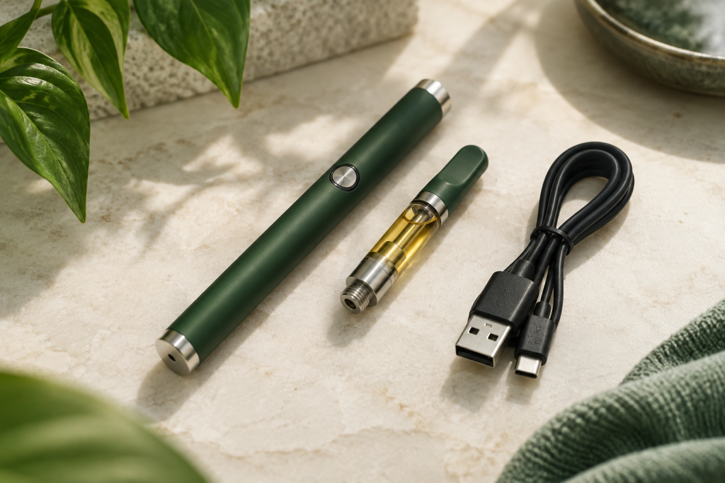 510 Vape Pen, Kartusche und Ladekabel getrennt dargestellt
