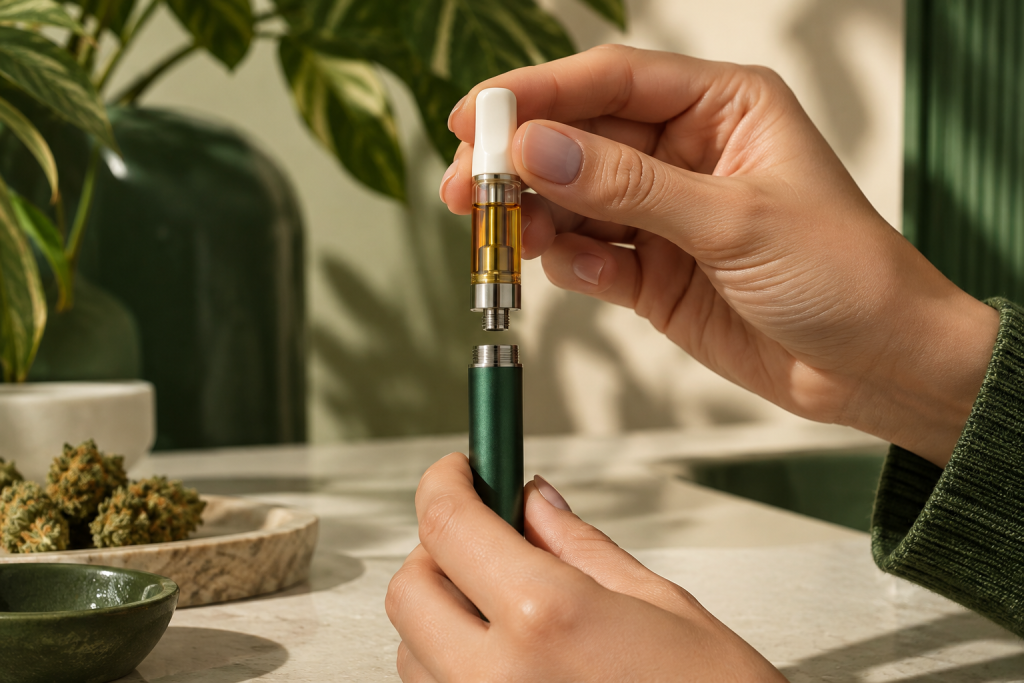 Kartusche wird gerade auf einen 510 Vape Pen aufgesetzt