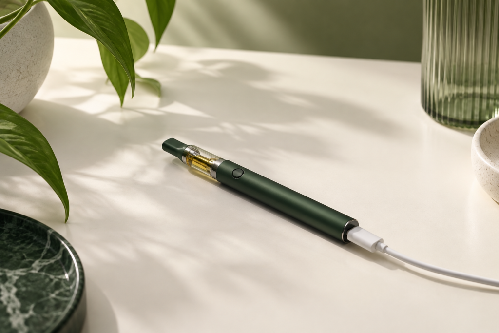 Vape Pen liegt sicher beim Laden auf freier Oberfläche