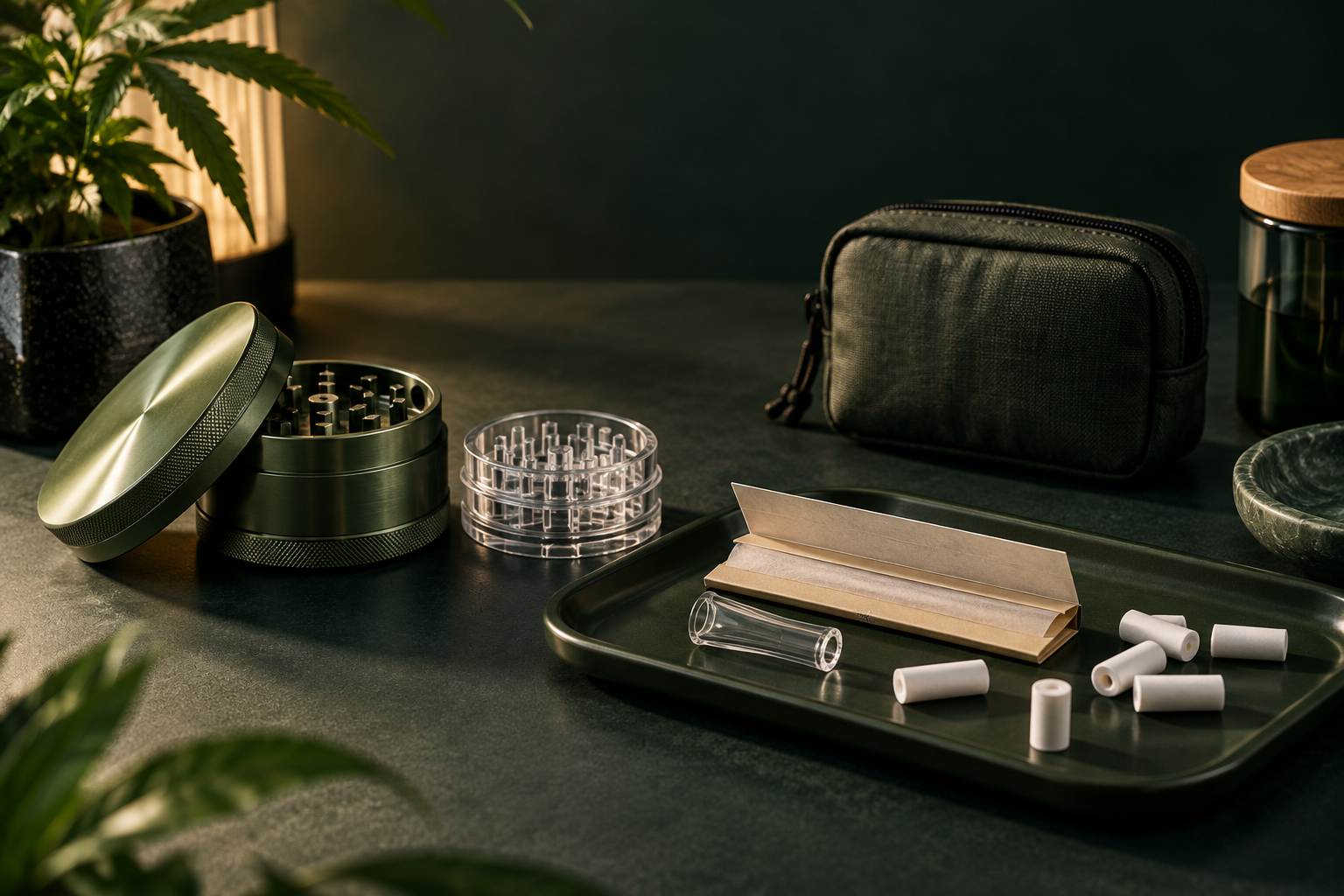 Cannabis Zubehör mit Grinder, Papers, Filtern und Aufbewahrung