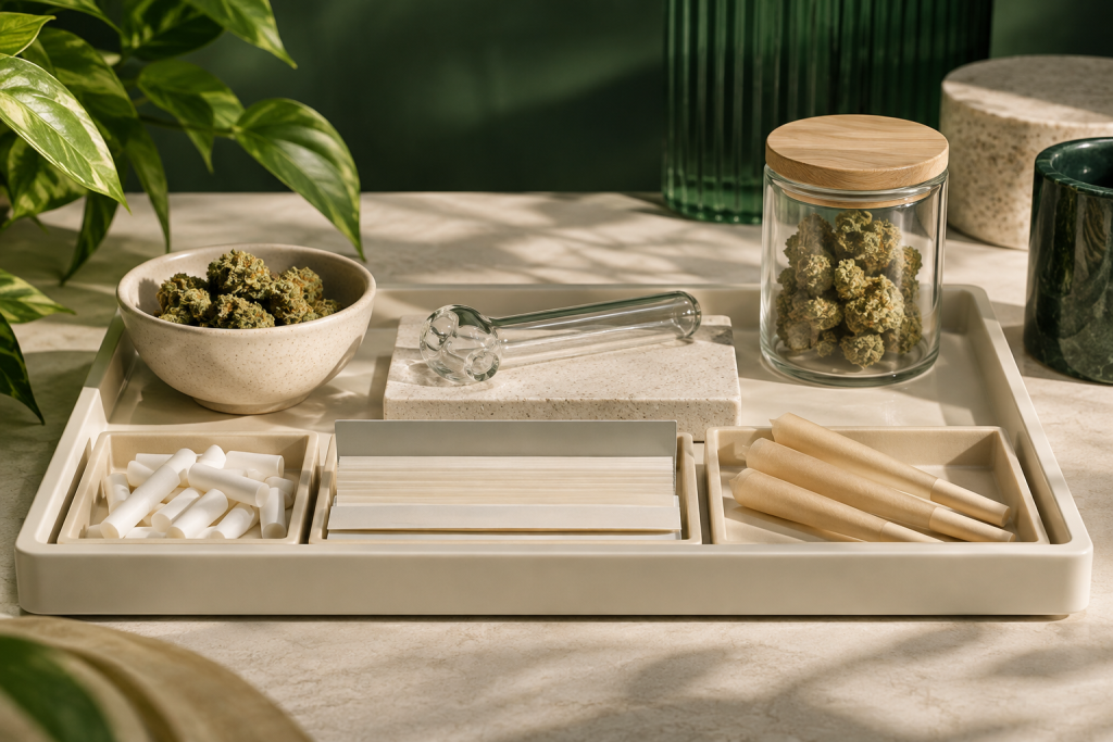Getrenntes Zubehör-Setup mit Filtern, Papers, Cones und Mundstück