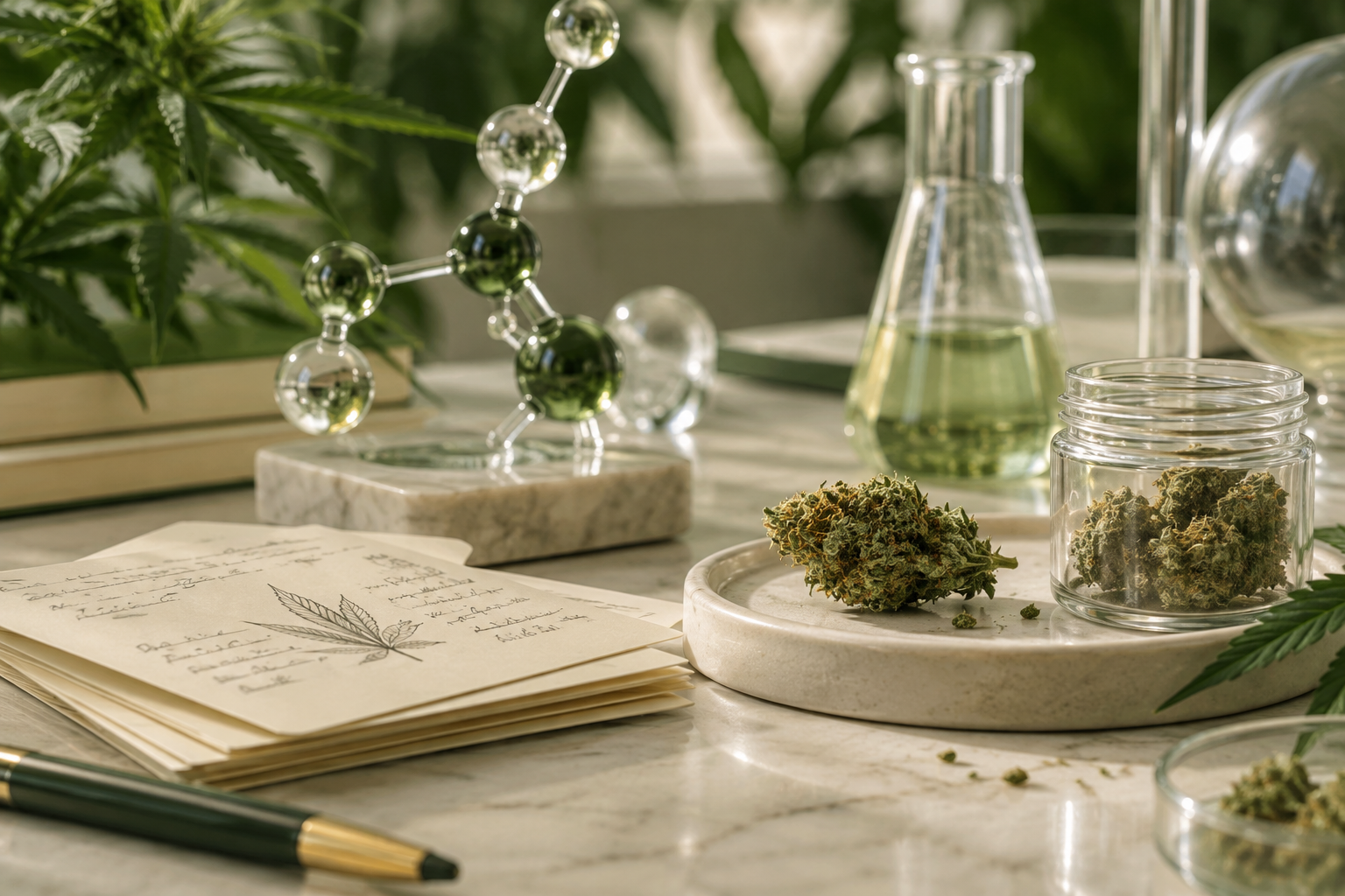 Abstrakte Darstellung verschiedener Cannabinoidangaben und Analyseebenen