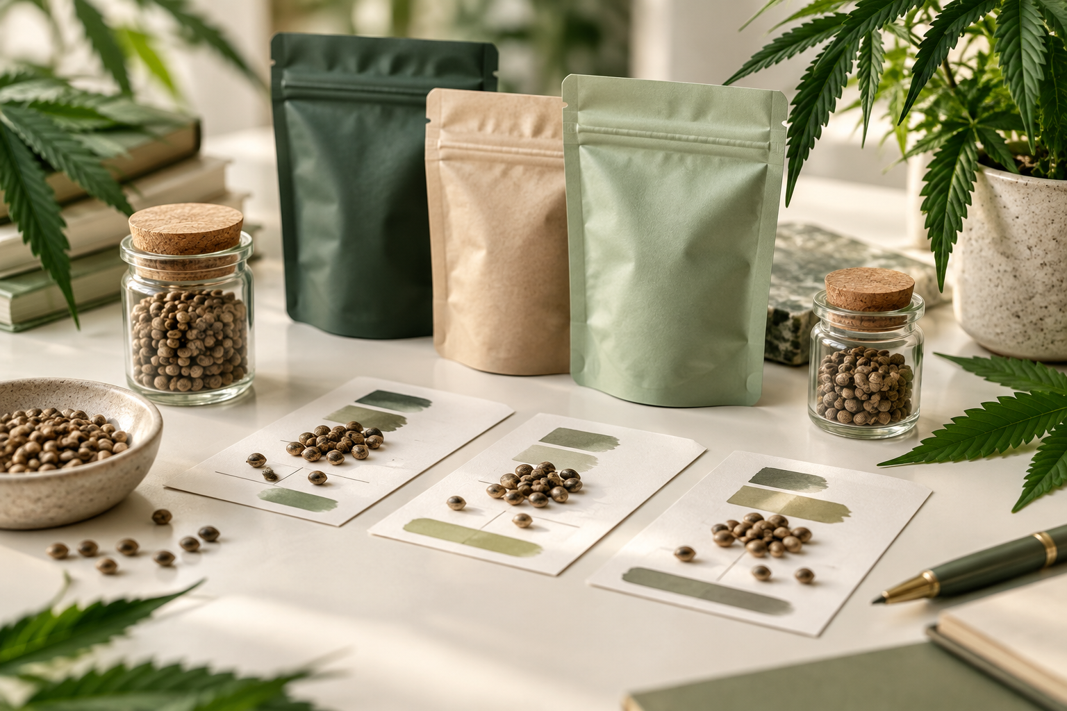 Cannabis-Samenpackungen und Vergleichsnotizen zur Einordnung von Genetiken