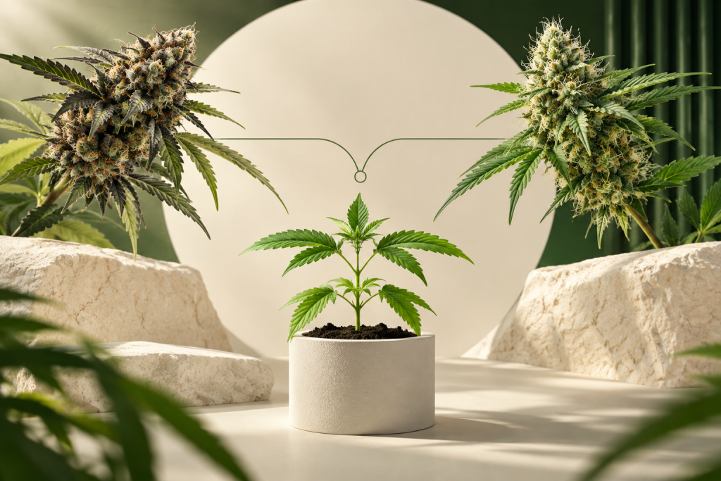 Botanische Darstellung einer Cannabis-Kreuzung als Abstammungsrahmen