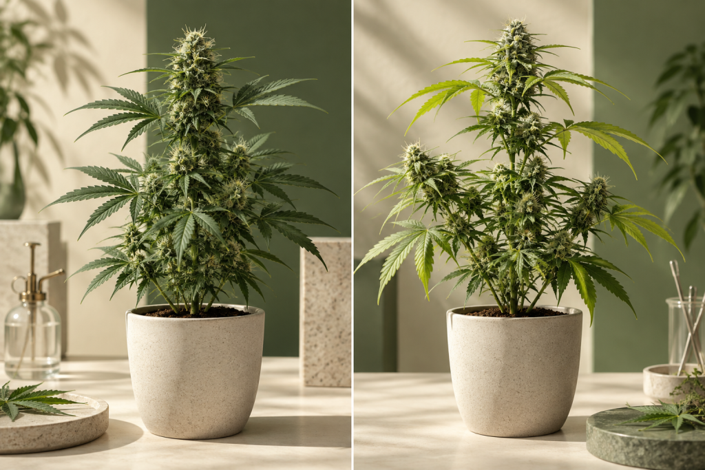 Zwei unterschiedlich ausgeprägte Cannabis-Pflanzen als Symbol für Phänotypen