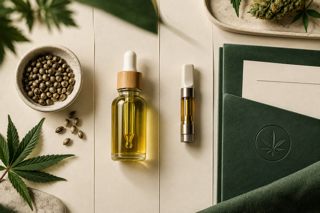 Verschiedene Cannabis- und CBD-Produktformen getrennt dargestellt