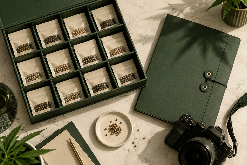 Getrennt organisierte Cannabis-Samenpackungen mit Dokumentation