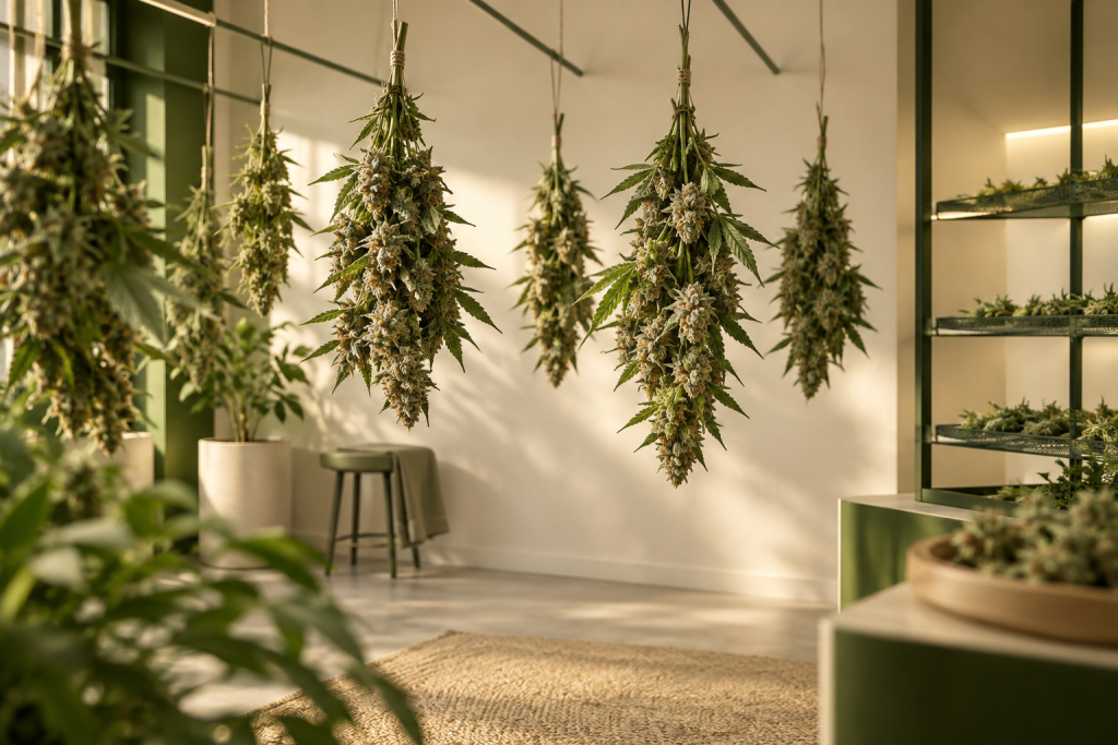 Ruhige Trocknungsumgebung mit Abstand zwischen Cannabis-Ernteabschnitten