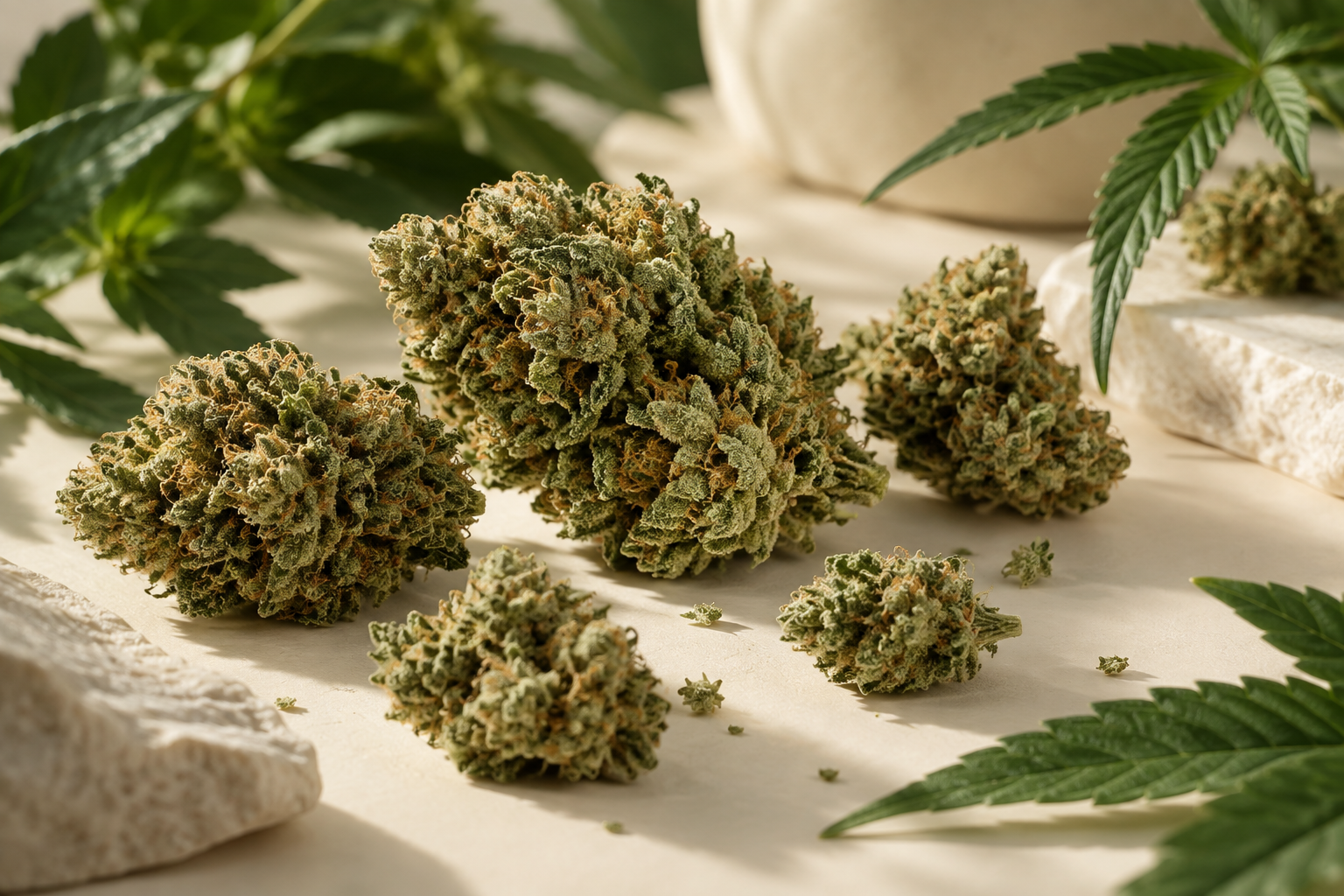 Sichtbare ganze und kleinere CBD Blüten als unterschiedliche Blütenformate