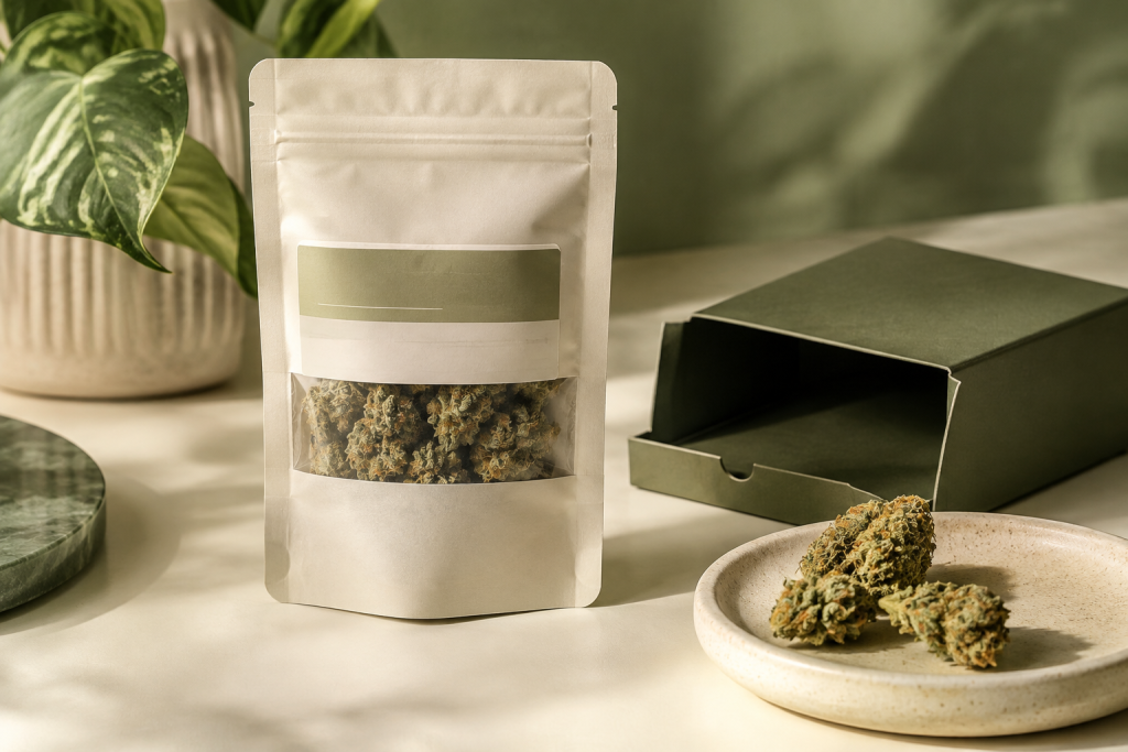 Geschlossene CBD-Blüten-Packung mit zusätzlicher Transporthülle