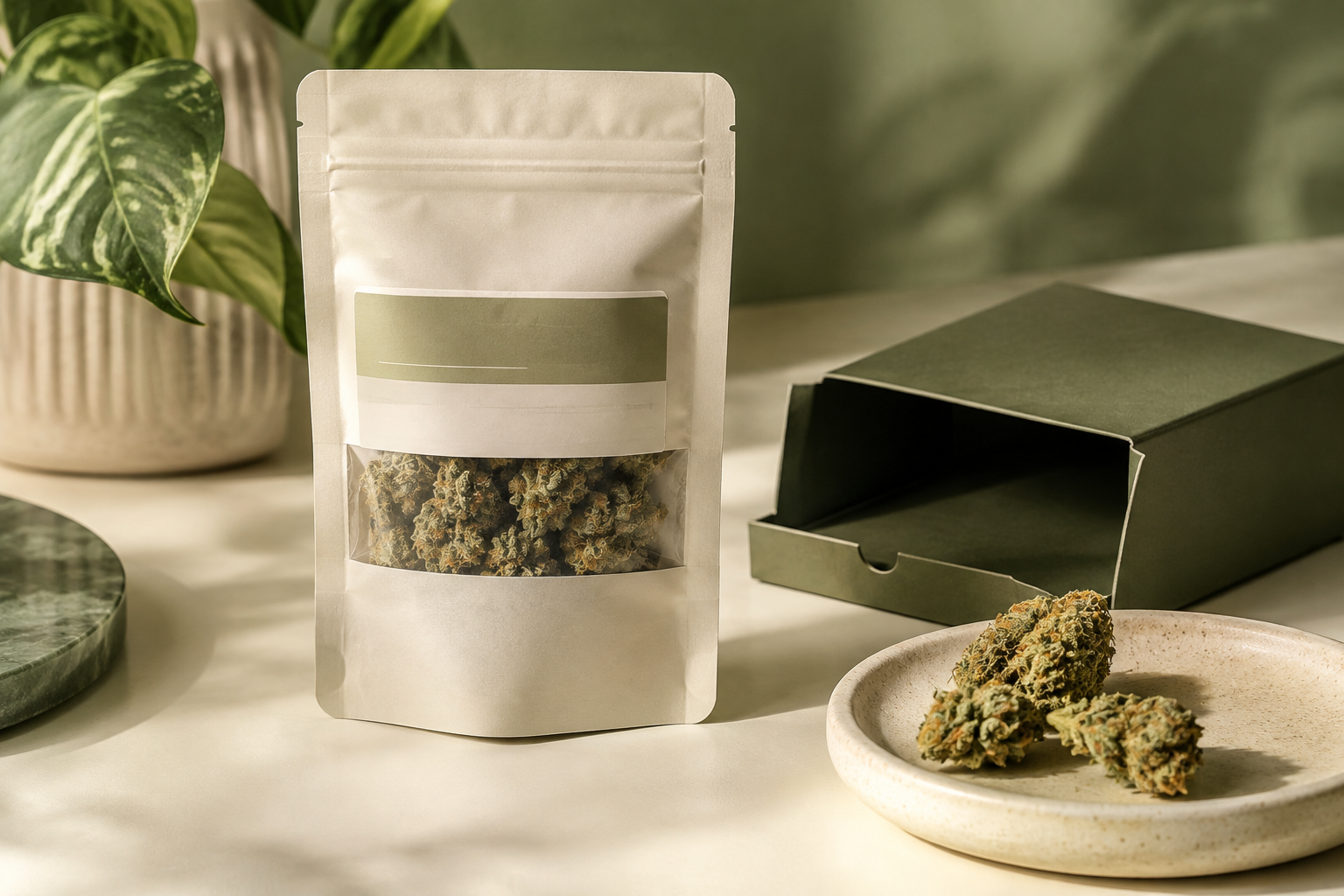 Geschlossene CBD-Blüten-Packung mit zusätzlicher Transporthülle