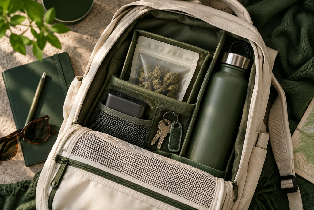 CBD-Blüten-Packung druckgeschützt in einem getrennten Rucksackfach