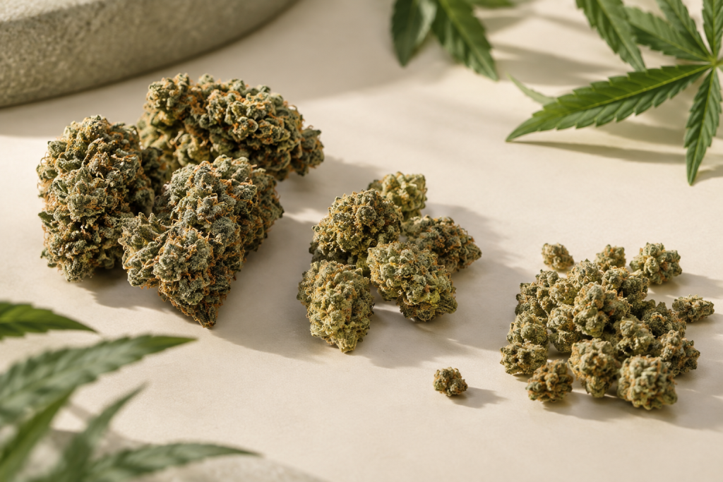 Ganze CBD Buds, Small Buds und Popcorn Buds auf einer sauberen Unterlage
