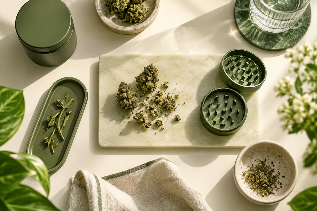 Ordentliche Vorbereitungsfläche mit getrennten Bereichen für CBD Blüten und Grinder