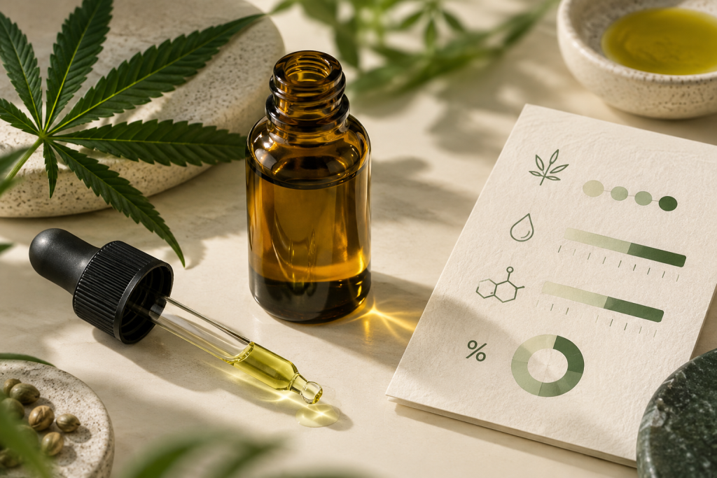 CBD-Ölflasche mit Pipette und übersichtlich getrennten Mengenangaben