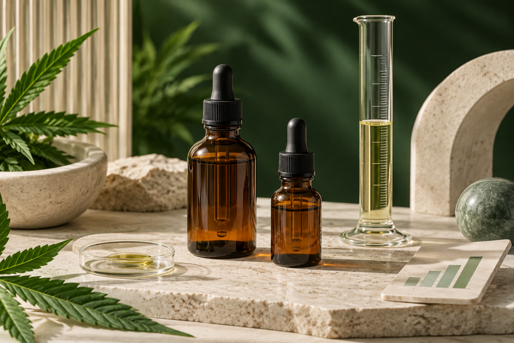 Zwei CBD-Ölflaschen mit Milliliter-Bezug als Vergleichsgrundlage