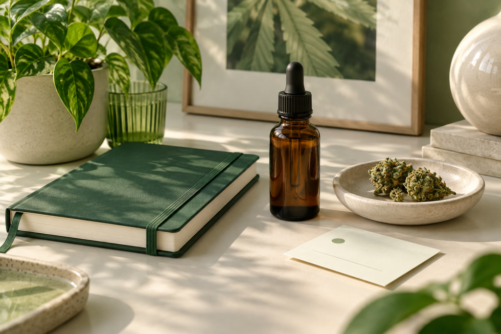 CBD-Ölflasche neben einem sachlichen Dokumentationsheft