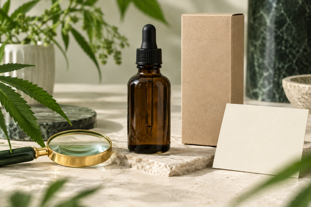 Neutrale CBD-Öl-Flasche mit Unterlagen zur Produktidentität
