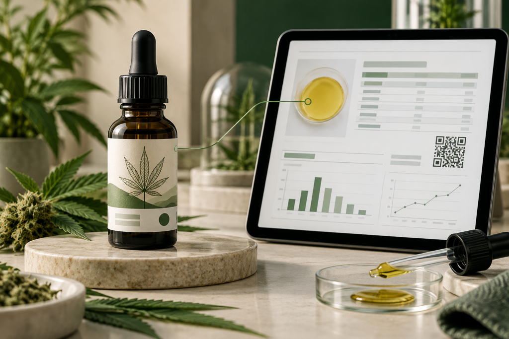 CBD-Öl-Flasche und Analysebericht beim Chargenabgleich