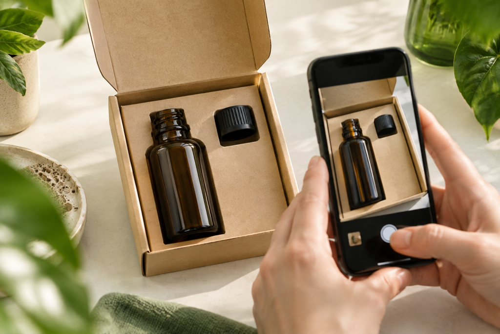 Unversehrte CBD-Öl-Verpackung wird vor dem Öffnen dokumentiert