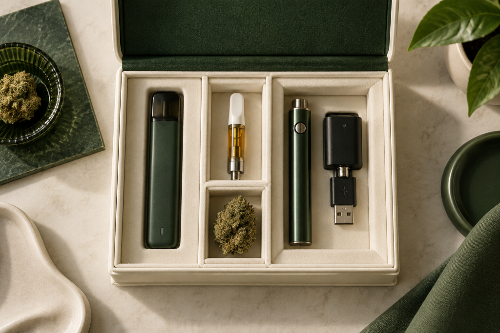 Druckfreie Aufbewahrung von CBD Vapes in einer Fächerbox
