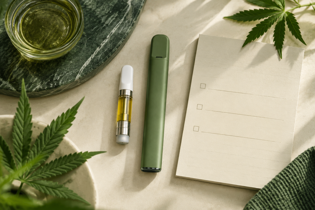 CBD-Kartusche und Einweg-Vape bei der Dokumentation vor dem Öffnen